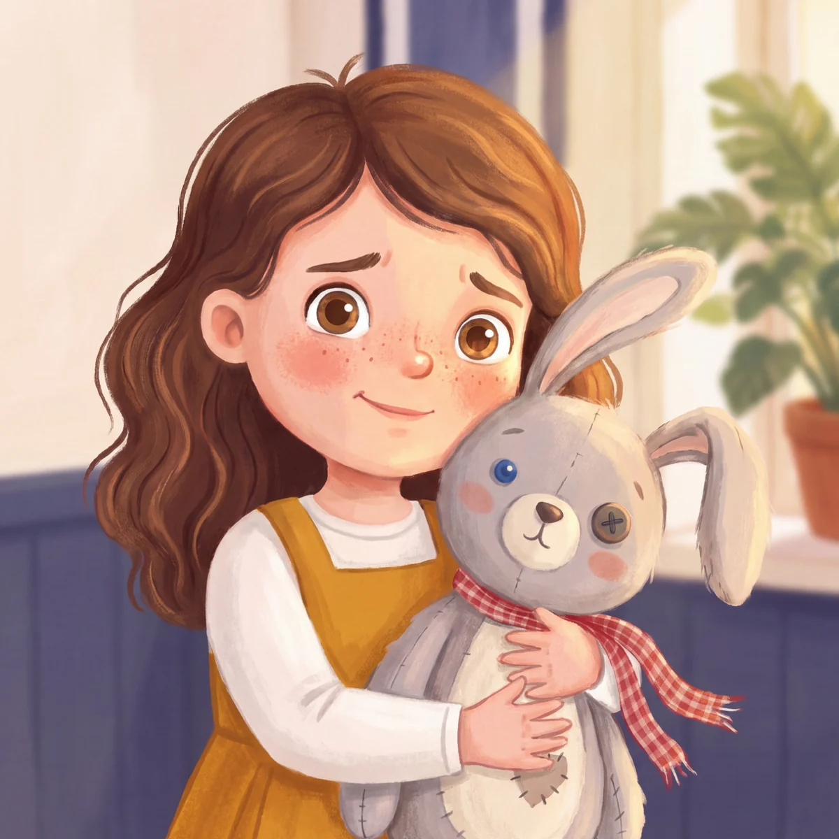 Interior illustration of Nora hugging Clover at the doctor's office