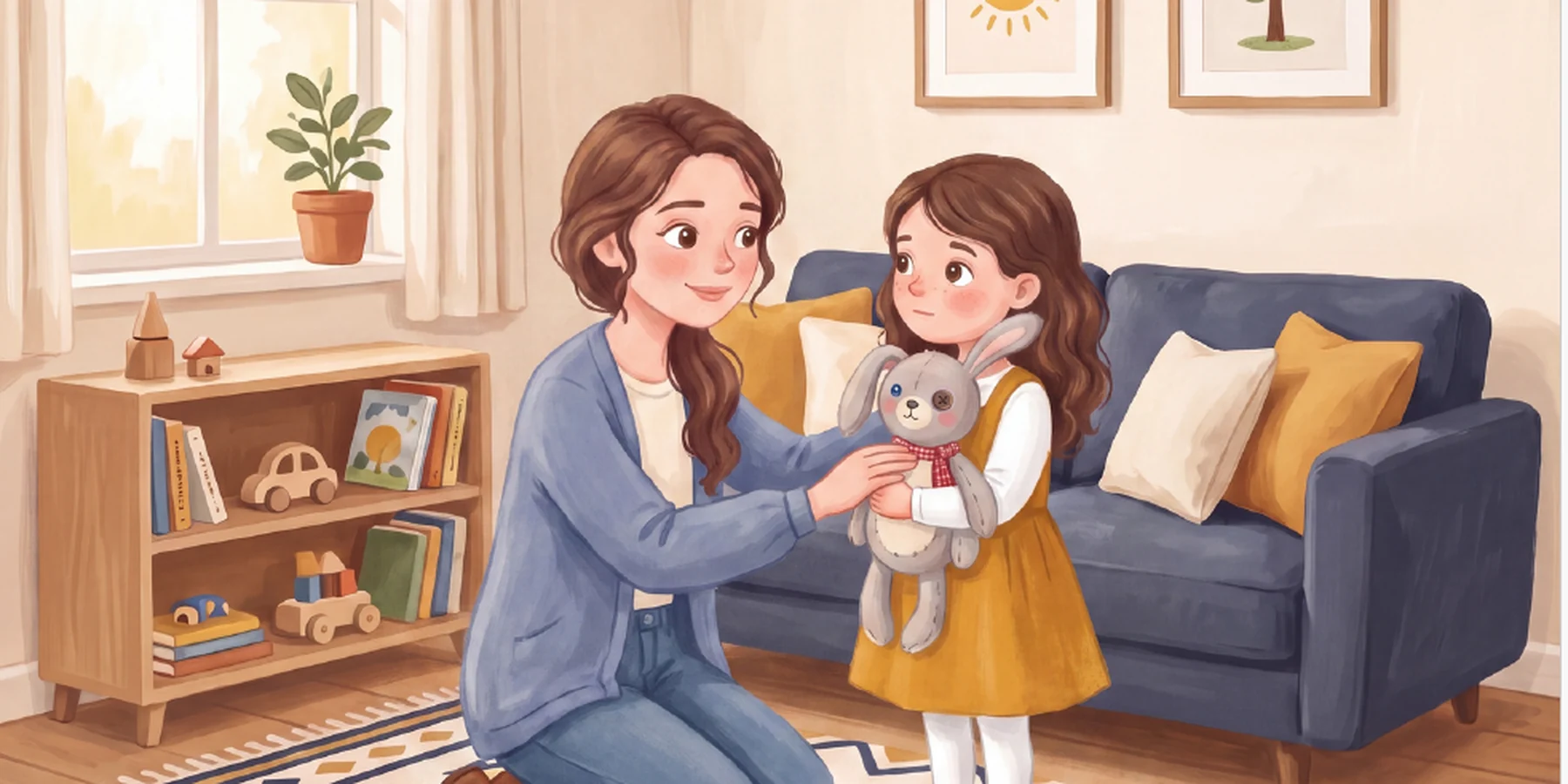 Nora holding Clover while Mama kneels beside her in their warm living room