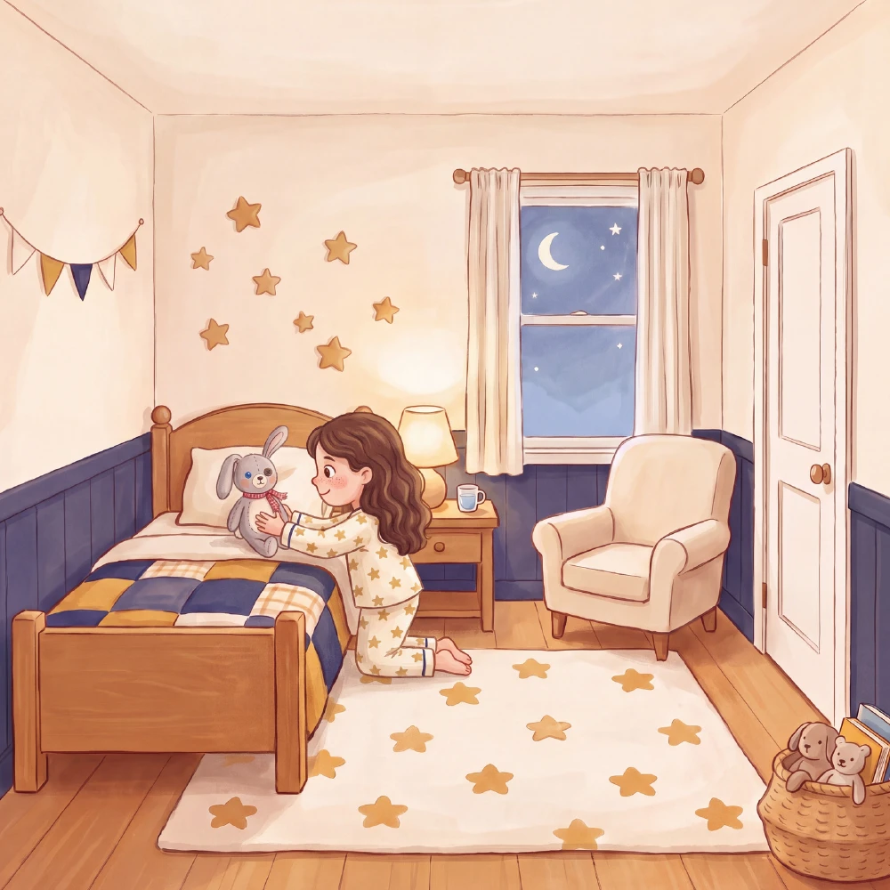 Nora tucking Clover into bed in her cozy bedroom